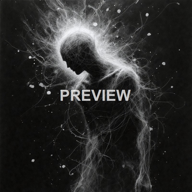 A monochromatic, abstract illustration of a human figure, predominantly in black and white, with lines and splatters creating a sense of movement and ethereal presence.